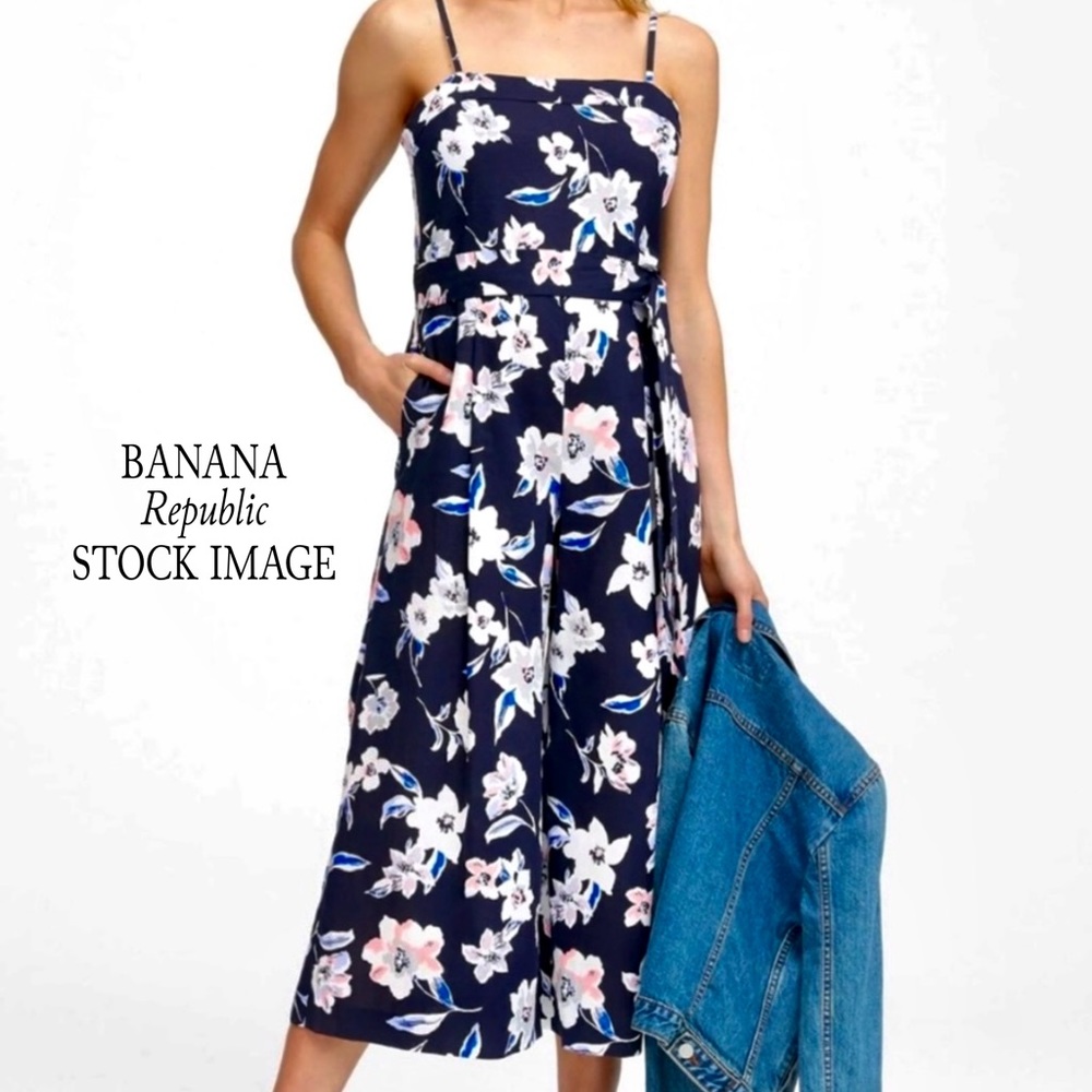Banana Republic Floral Linen-Blend Cropped Jumpsuit in Navy Blue (SIZE 2)